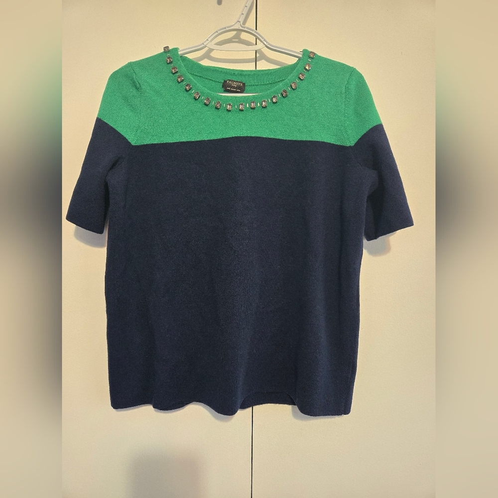 Talbots Pure Merino Wool Green and Navy Sweater with Embellished Neckline